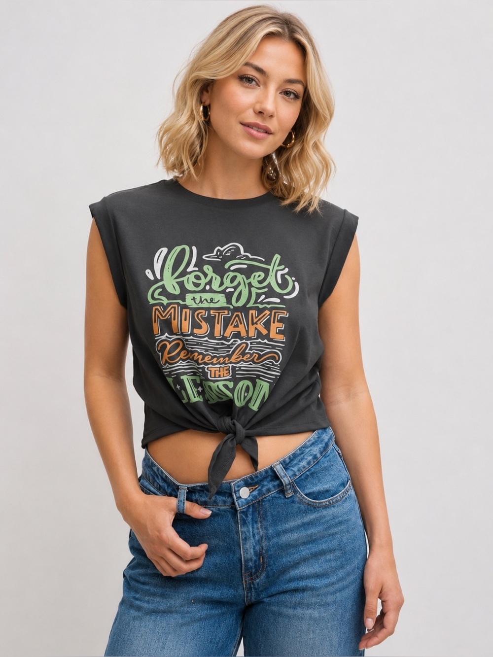 CIDER Womens Cap Sleeve Graphic Tank Crop Crew Neck Twist Knot Front Tee Med